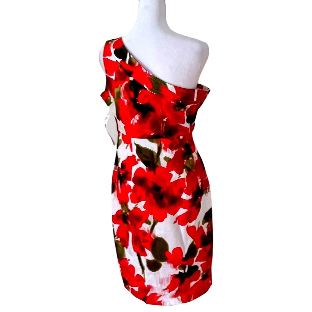 Evan Picone poppy comb red floral dress women's 10 one shoulder cotton 6802 nwt - Picture 2 of 12
